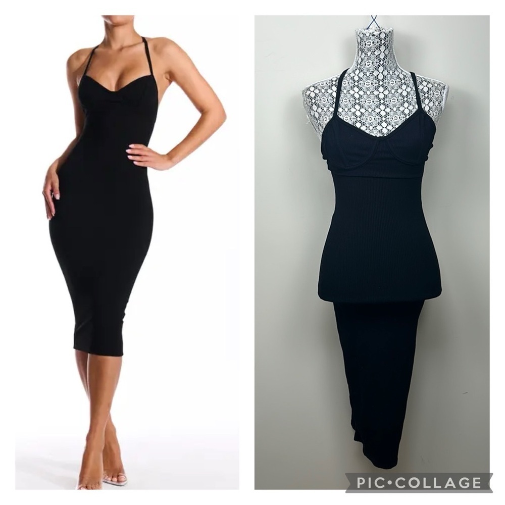 🎀 NAKED WARDROBE black ribbed bustier top midi dress small made in USA